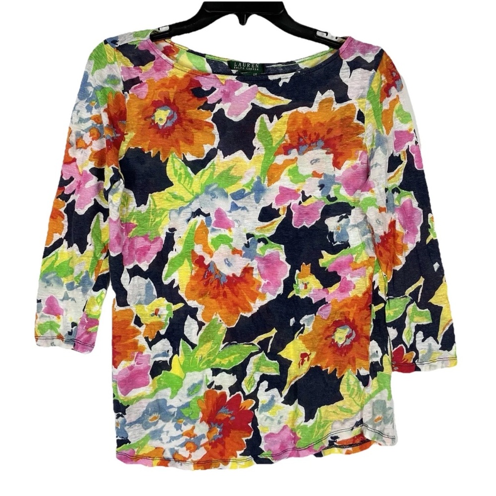 Lauren Ralph Lauren Linen Blouse Small Multicolor Floral Linen 3/4 Sleeves